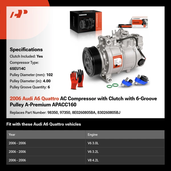 2006 Audi A6 Quattro AC Compressor with Clutch with 6-Groove Pulley A-Premium APACC160
