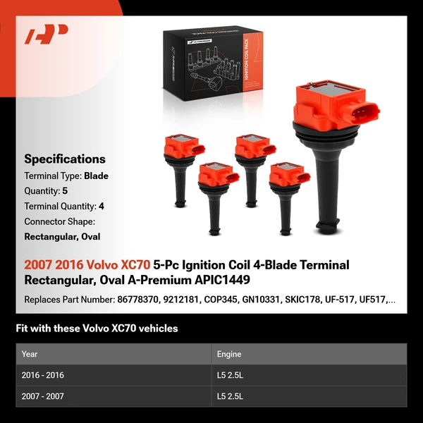 2007 2016 Volvo XC70 5-Pc Ignition Coil 4-Blade Terminal Rectangular, Oval A-Premium APIC1449