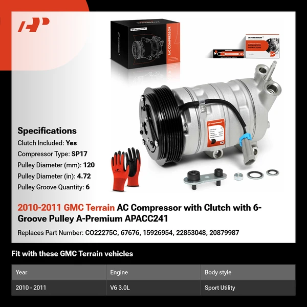 2010-2011 GMC Terrain AC Compressor with Clutch with 6-Groove Pulley A-Premium APACC241