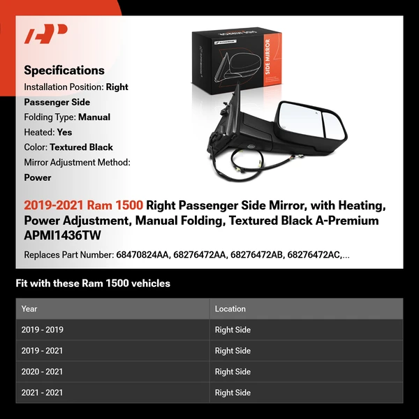 2019-2021 Ram 1500 Right Passenger Side Mirror, with Heating, Power Adjustment, Manual Folding, Textured Black A-Premium APMI1436TW