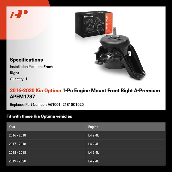 2016-2020 Kia Optima 1-Pc Engine Mount Front Right A-Premium APEM1737