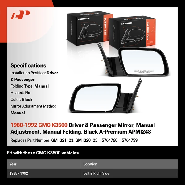 1988-1992 GMC K3500 Driver & Passenger Mirror, Manual Adjustment, Manual Folding, Black A-Premium APMI248