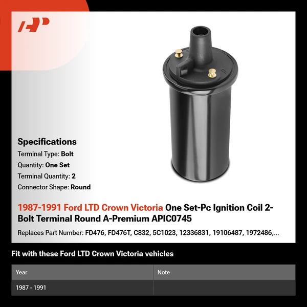 1987-1991 Ford LTD Crown Victoria One Set-Pc Ignition Coil 2-Bolt Terminal Round A-Premium APIC0745
