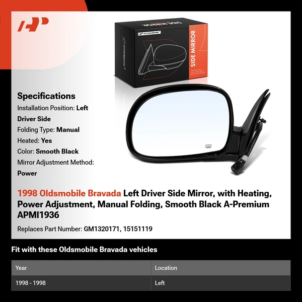 1998 Oldsmobile Bravada Left Driver Side Mirror, with Heating, Power Adjustment, Manual Folding, Smooth Black A-Premium APMI1936