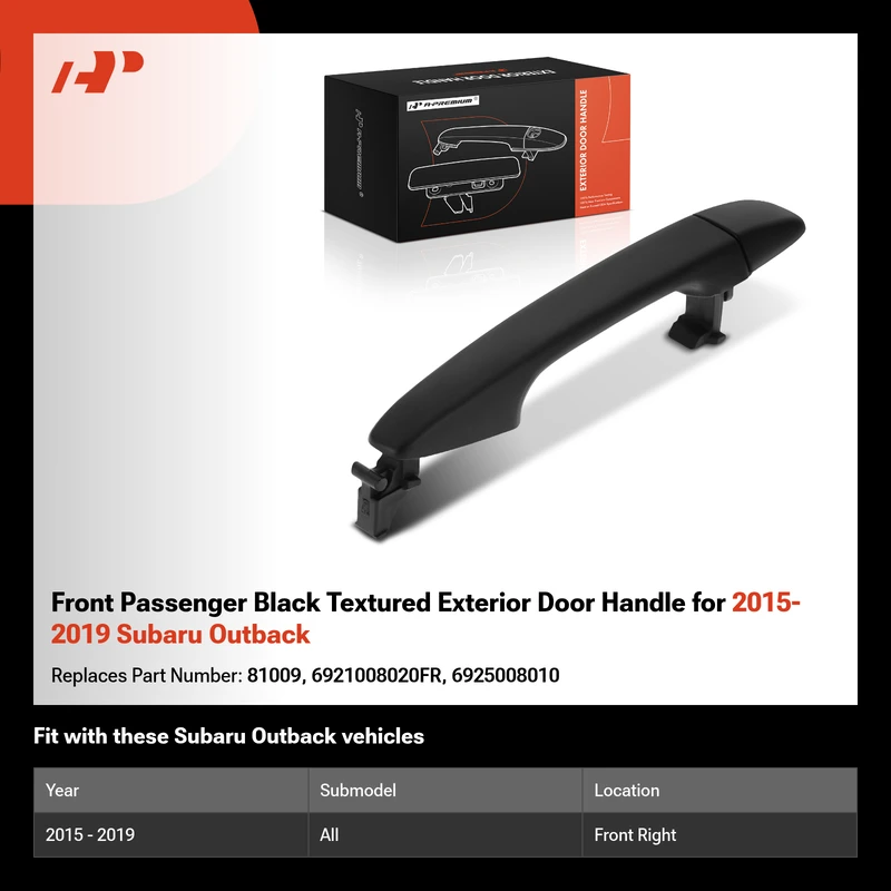 Front Passenger Black Textured Exterior Door Handle for 2015-2019 Subaru Outback