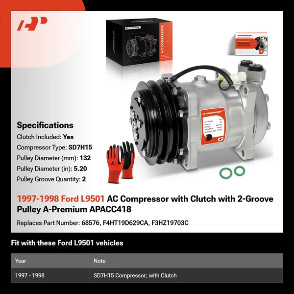 1997-1998 Ford L9501 AC Compressor with Clutch with 2-Groove Pulley A-Premium APACC418