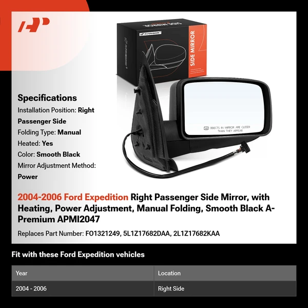 2004-2006 Ford Expedition Right Passenger Side Mirror, with Heating, Power Adjustment, Manual Folding, Smooth Black A-Premium APMI2047