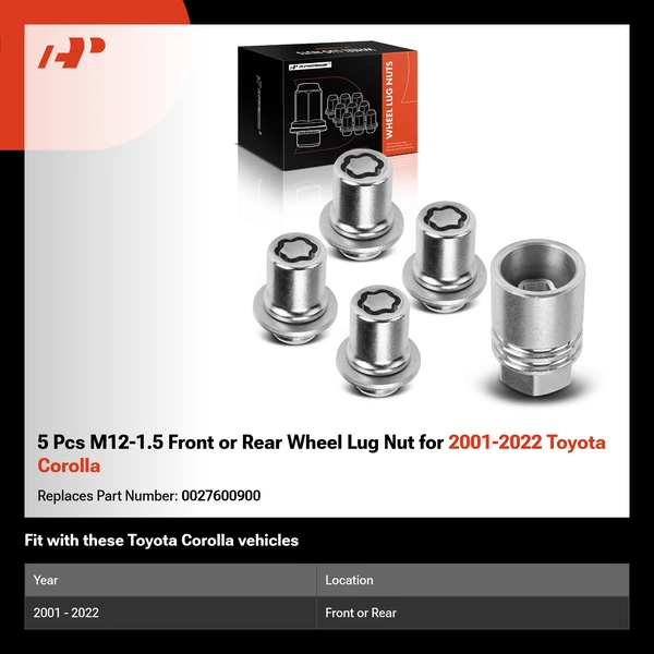 5 Pcs M12-1.5 Front or Rear Wheel Lug Nut for 2001-2022 Toyota Corolla