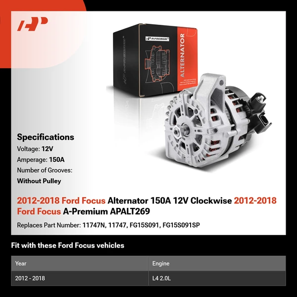 2012-2018 Ford Focus Alternator 150A 12V Clockwise 2012-2018 Ford Focus A-Premium APALT269