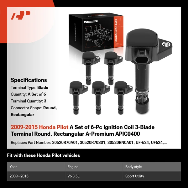 2009-2015 Honda Pilot A Set of 6-Pc Ignition Coil 3-Blade Terminal Round, Rectangular A-Premium APIC0400