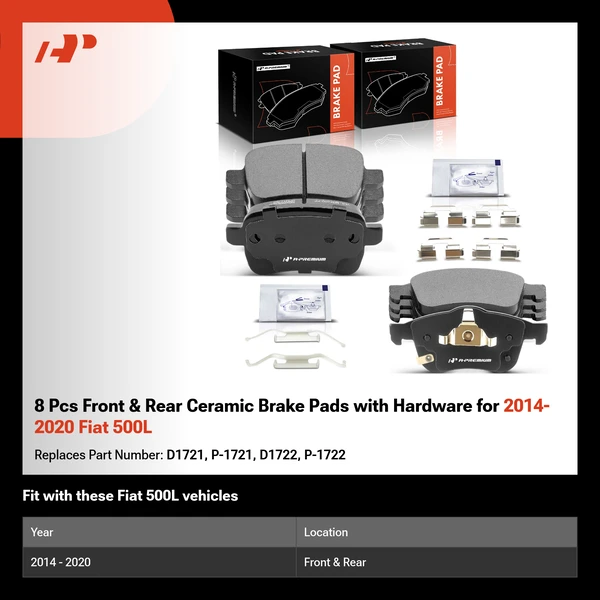8 Pcs Front & Rear Ceramic Brake Pads with Hardware for 2014-2020 Fiat 500L