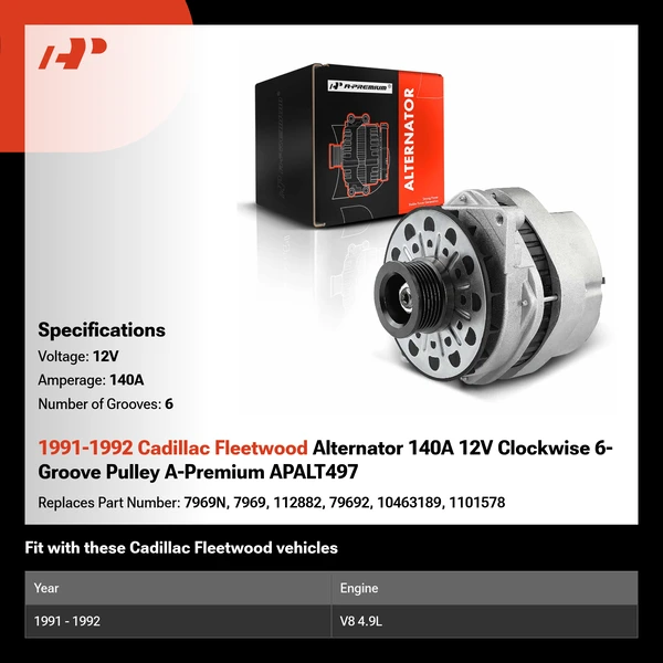 1991-1992 Cadillac Fleetwood Alternator 140A 12V Clockwise 6-Groove Pulley A-Premium APALT497