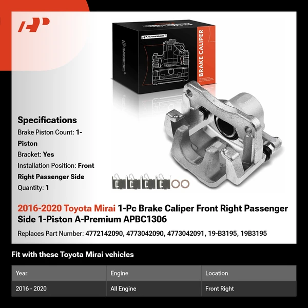 2016-2020 Toyota Mirai 1-Pc Brake Caliper Front Right Passenger Side 1-Piston A-Premium APBC1306
