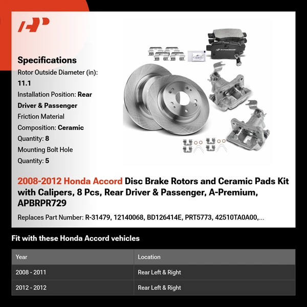 2008-2012 Honda Accord Disc Brake Rotors and Ceramic Pads Kit with Calipers, 8 Pcs, Rear Driver & Passenger, A-Premium, APBRPR729
