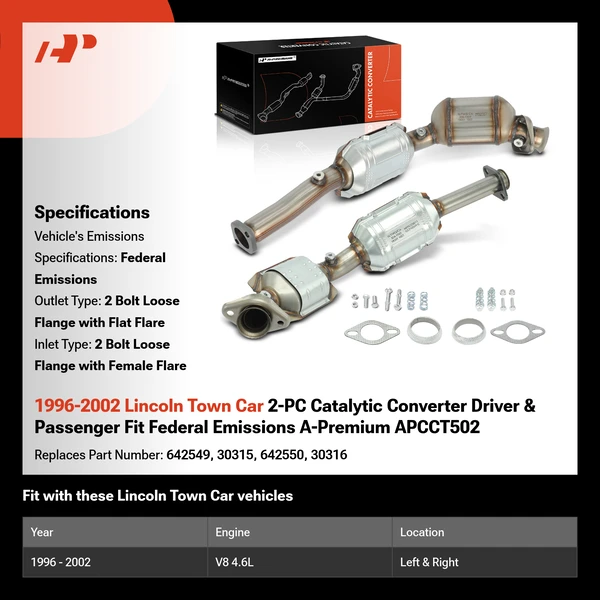 1996-2002 Lincoln Town Car 2-PC Catalytic Converter Driver & Passenger Fit Federal Emissions A-Premium APCCT502