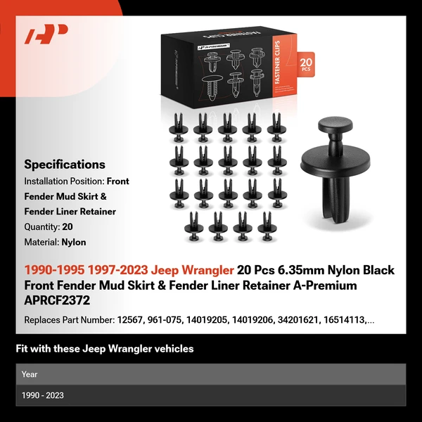 1990-1995 1997-2023 Jeep Wrangler 20 Pcs 6.35mm Nylon Black Front Fender Mud Skirt & Fender Liner Retainer A-Premium APRCF2372