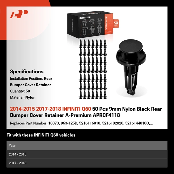 2014-2015 2017-2018 INFINITI Q60 50 Pcs 9mm Nylon Black Rear Bumper Cover Retainer A-Premium APRCF4118
