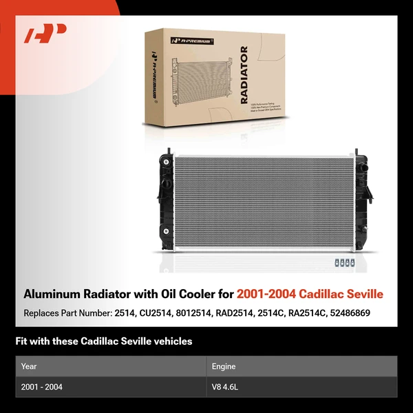 Aluminum Radiator with Oil Cooler for 2001-2004 Cadillac Seville