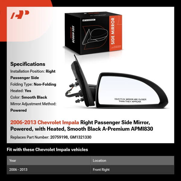 2006-2013 Chevrolet Impala Right Passenger Side Mirror, Powered, with Heated, Smooth Black A-Premium APMI830