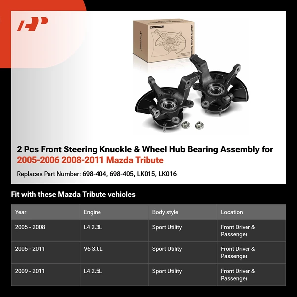 2 Pcs Front Steering Knuckle & Wheel Hub Bearing Assembly for 2005-2006 2008-2011 Mazda Tribute