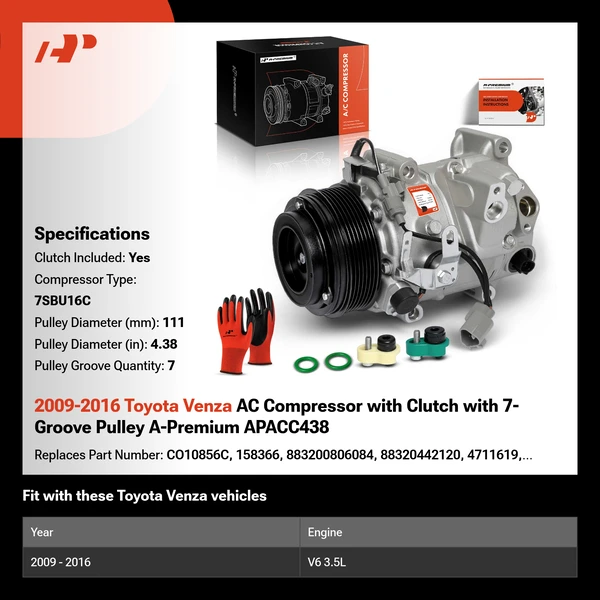 2009-2016 Toyota Venza AC Compressor with Clutch with 7-Groove Pulley A-Premium APACC438