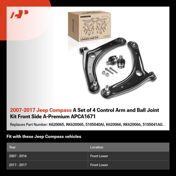 2007-2017 Jeep Compass A Set of 4 Control Arm and Ball Joint Kit Front Side A-Premium APCA1671