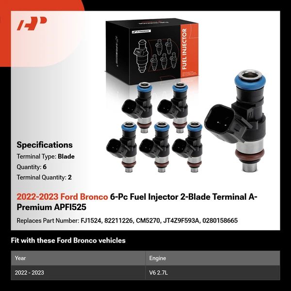 2022-2023 Ford Bronco 6-Pc Fuel Injector 2-Blade Terminal A-Premium APFI525