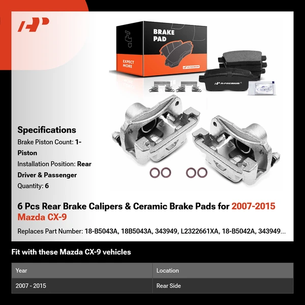 6 Pcs Rear Brake Calipers & Ceramic Brake Pads for 2007-2015 Mazda CX-9