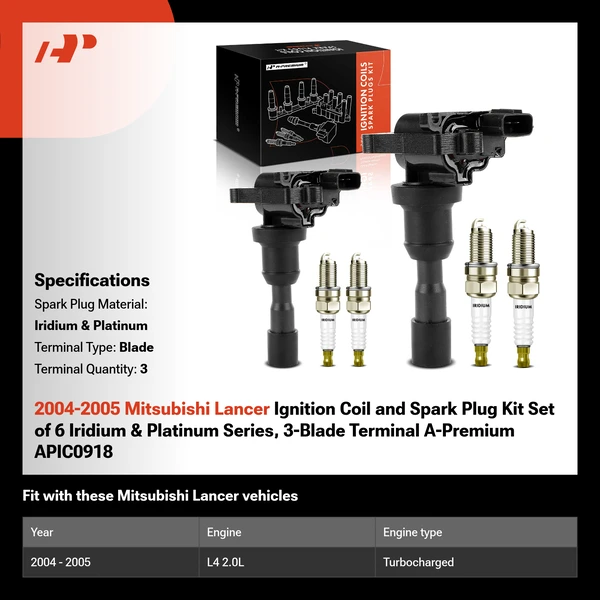 2004-2005 Mitsubishi Lancer Ignition Coil and Spark Plug Kit Set of 6 Iridium & Platinum Series, 3-Blade Terminal A-Premium APIC0918
