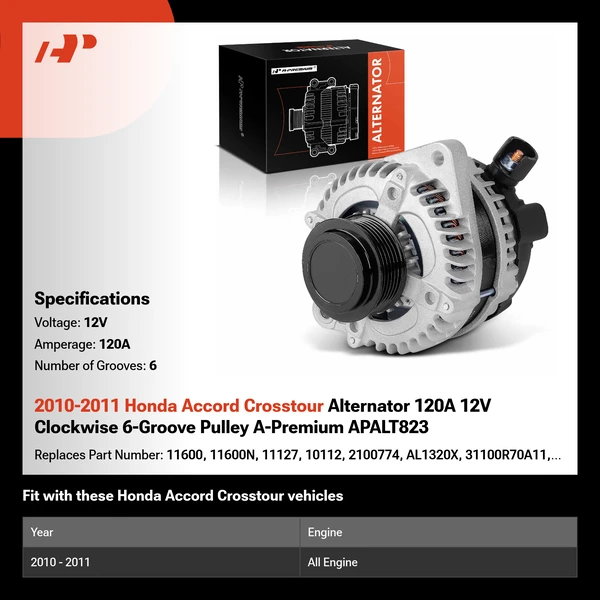 2010-2011 Honda Accord Crosstour Alternator 120A 12V Clockwise 6-Groove Pulley A-Premium APALT823