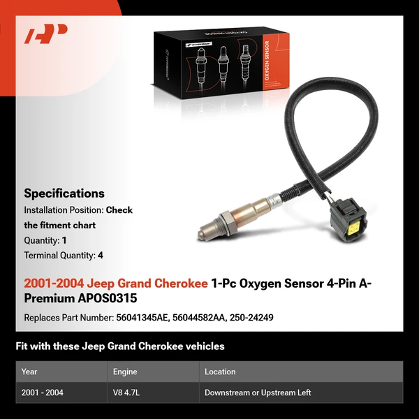 2001-2004 Jeep Grand Cherokee 1-Pc Oxygen Sensor 4-Pin A-Premium APOS0315