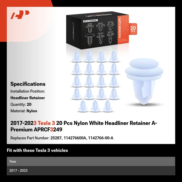 2017-2023 Tesla 3 20 Pcs Nylon White Headliner Retainer A-Premium APRCF3249