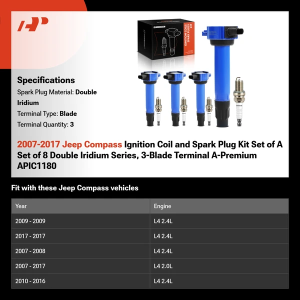 2007-2017 Jeep Compass Ignition Coil and Spark Plug Kit Set of A Set of 8 Double Iridium Series, 3-Blade Terminal A-Premium APIC1180