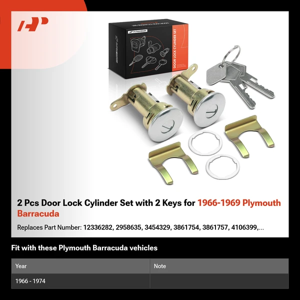 2 Pcs Door Lock Cylinder Set with 2 Keys for 1966-1969 Plymouth Barracuda