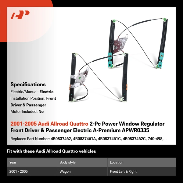 2001-2005 Audi Allroad Quattro 2-Pc Power Window Regulator Front Driver & Passenger Electric A-Premium APWR0335