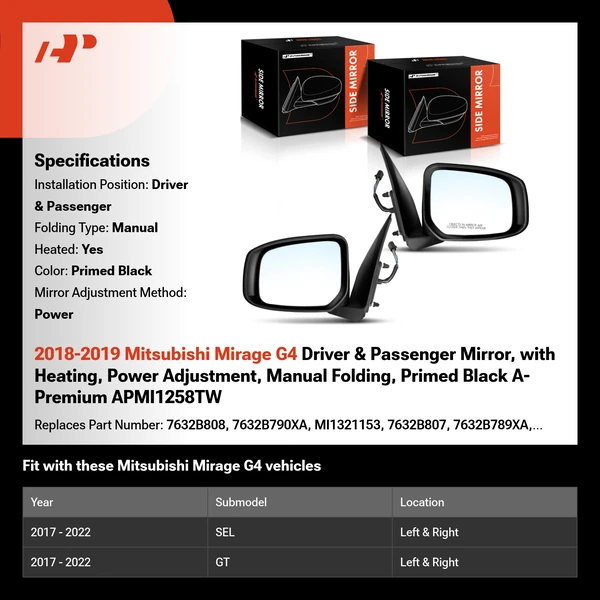 2018-2019 Mitsubishi Mirage G4 Driver & Passenger Mirror, with Heating, Power Adjustment, Manual Folding, Primed Black A-Premium APMI1258TW