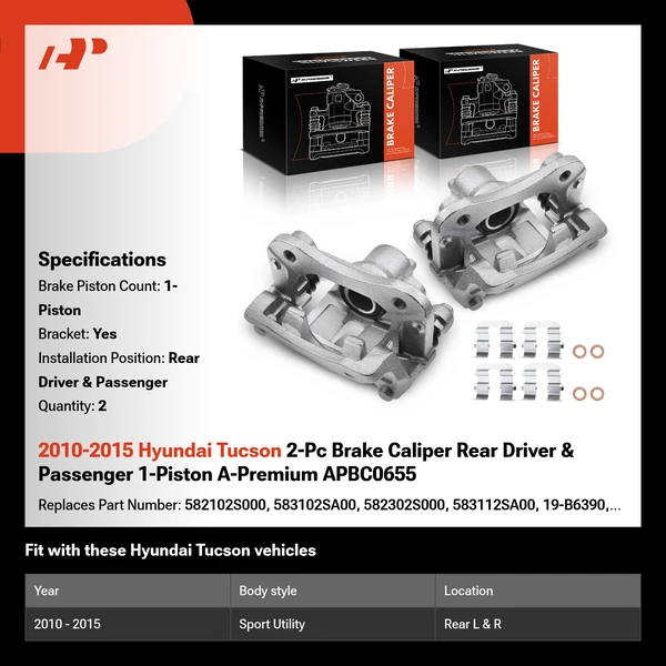 2010-2015 Hyundai Tucson 2-Pc Brake Caliper Rear Driver & Passenger 1-Piston A-Premium APBC0655