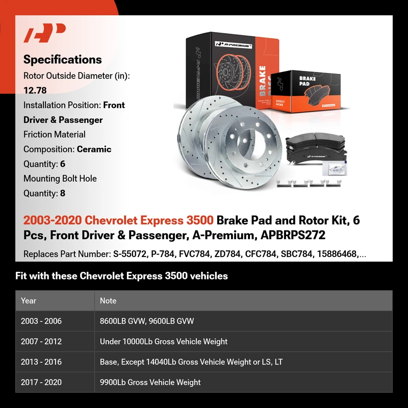 2003-2020 Chevrolet Express 3500 Brake Pad and Rotor Kit, 6 Pcs, Front Driver & Passenger, A-Premium, APBRPS272