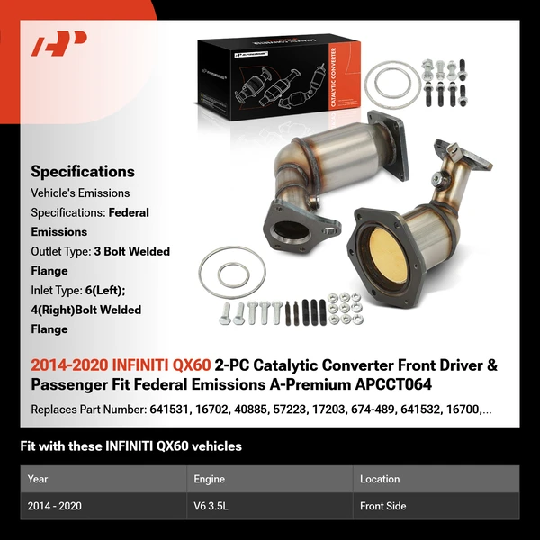 2014-2020 INFINITI QX60 2-PC Catalytic Converter Front Driver & Passenger Fit Federal Emissions A-Premium APCCT064
