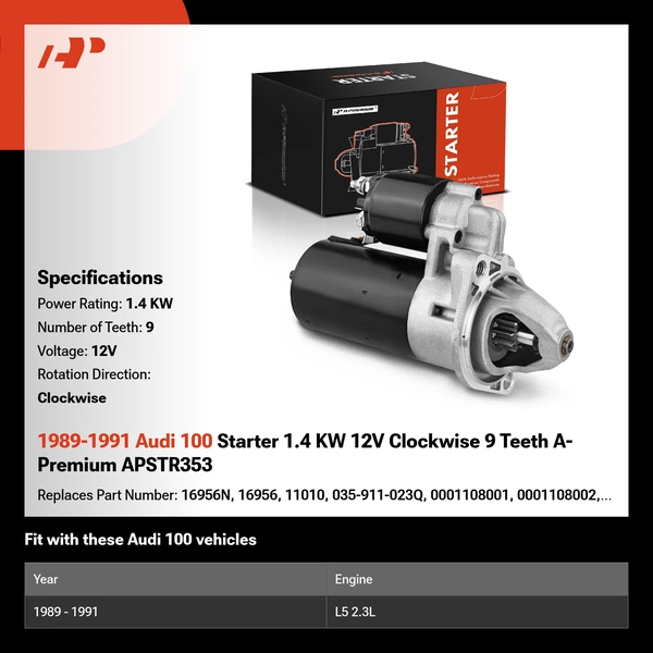 1989-1991 Audi 100 Starter 1.4 KW 12V Clockwise 9 Teeth A-Premium APSTR353