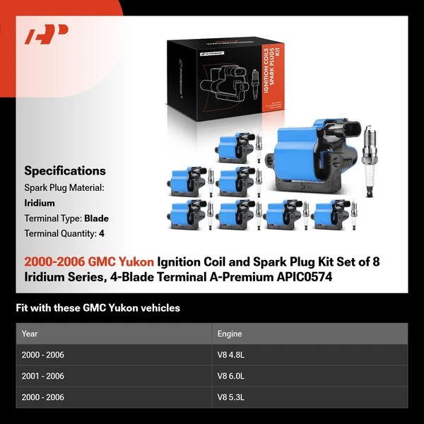 2000-2006 GMC Yukon Ignition Coil and Spark Plug Kit Set of 8 Iridium Series, 4-Blade Terminal A-Premium APIC0574