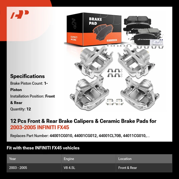 12 Pcs Front & Rear Brake Calipers & Ceramic Brake Pads for 2003-2005 INFINITI FX45