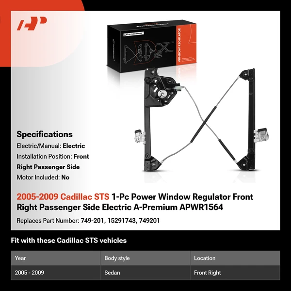 2005-2009 Cadillac STS 1-Pc Power Window Regulator Front Right Passenger Side Electric A-Premium APWR1564