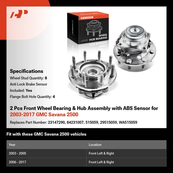 2 Pcs Front Wheel Bearing & Hub Assembly with ABS Sensor for 2003-2017 GMC Savana 2500