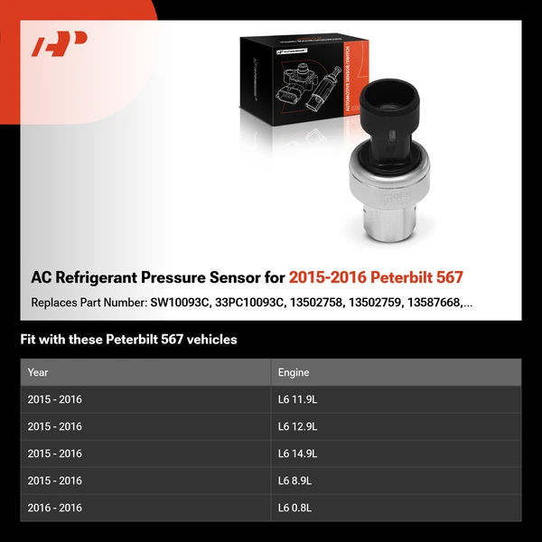 AC Refrigerant Pressure Sensor for 2015-2016 Peterbilt 567