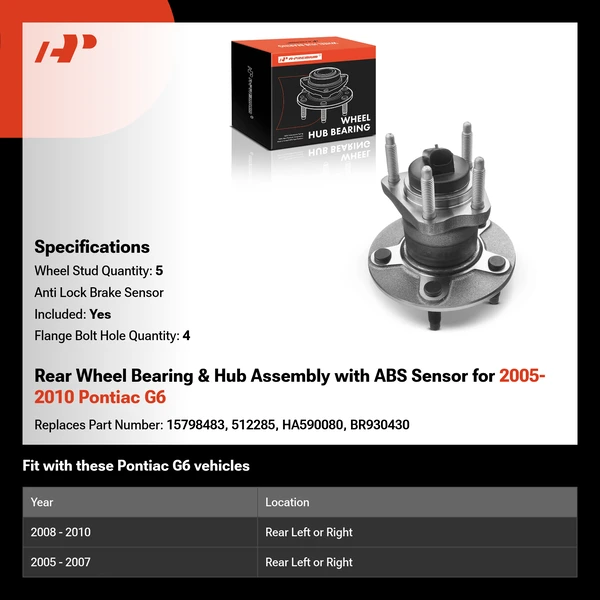 Rear Wheel Bearing & Hub Assembly with ABS Sensor for 2005-2010 Pontiac G6