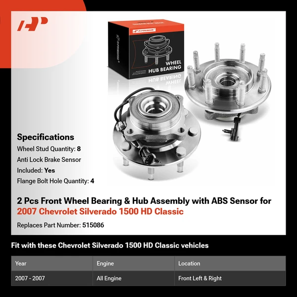 2 Pcs Front Wheel Bearing & Hub Assembly with ABS Sensor for 2007 Chevrolet Silverado 1500 HD Classic