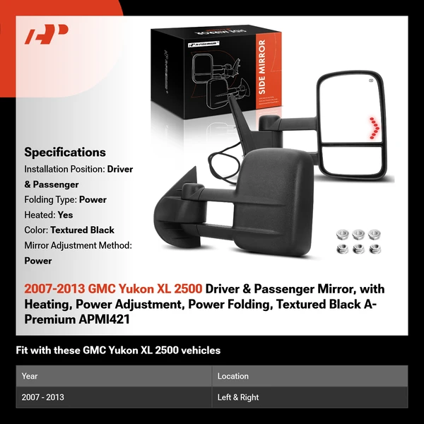 2007-2013 GMC Yukon XL 2500 Driver & Passenger Mirror, with Heating, Power Adjustment, Power Folding, Textured Black A-Premium APMI421