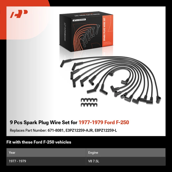 9 Pcs Spark Plug Wire Set for 1977-1979 Ford F-250