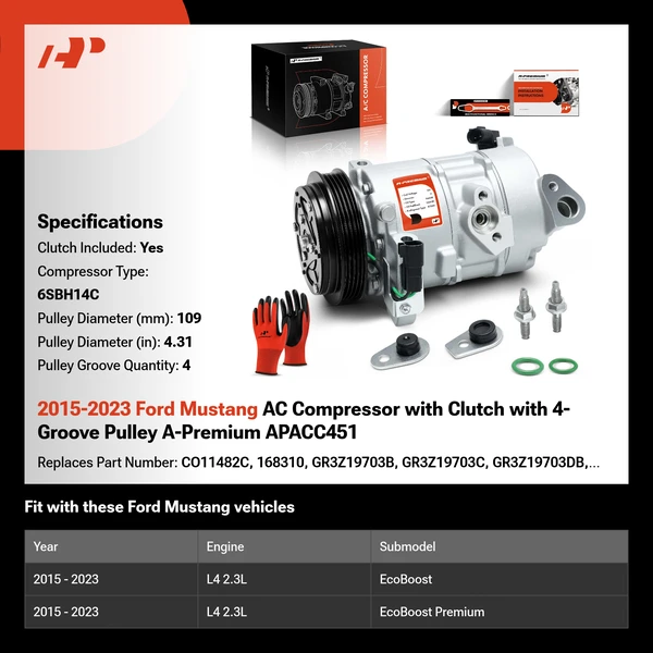 2015-2023 Ford Mustang AC Compressor with Clutch with 4-Groove Pulley A-Premium APACC451